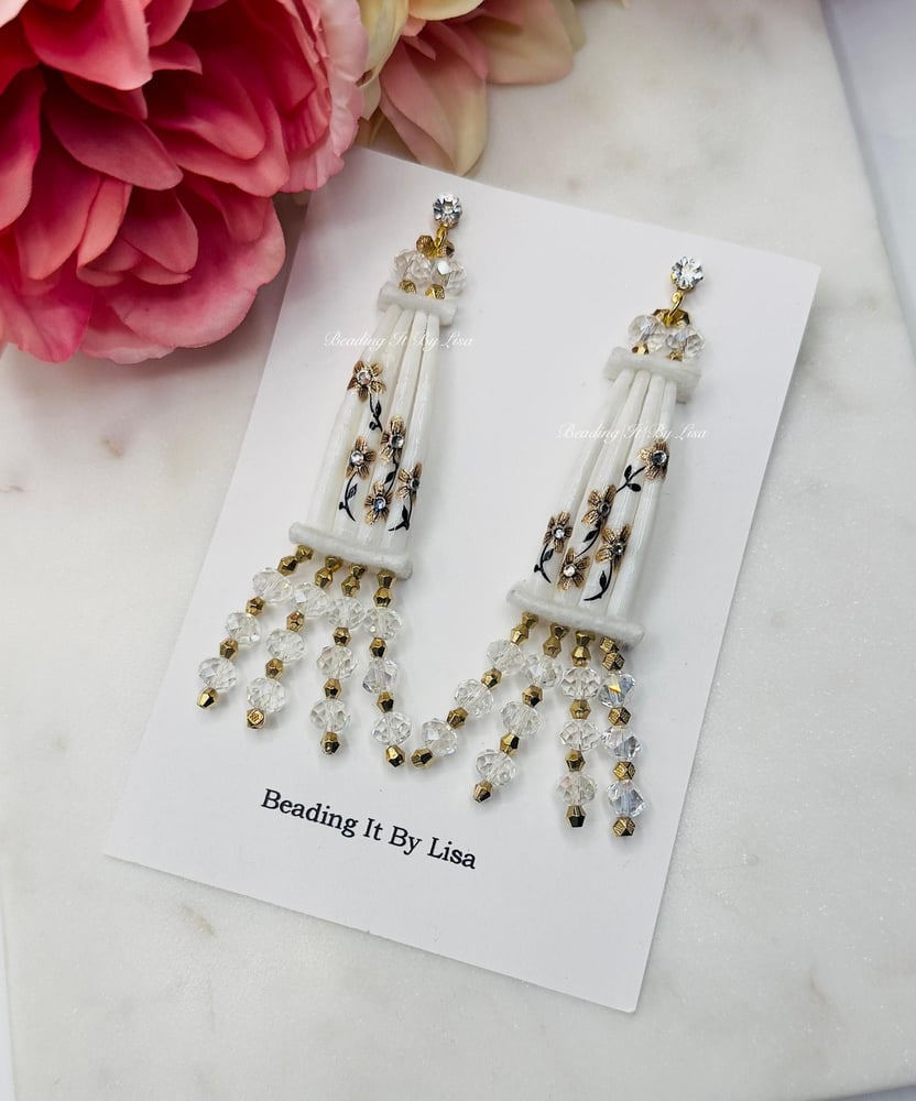 Image of Dentalium Earrings with Black and Gold Flowers
