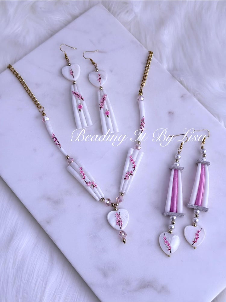 Image of Dentalium Pink and White 5 Piece Jewelry Set, Indigenous Choker Dangle Earrings, Traditional Boho...