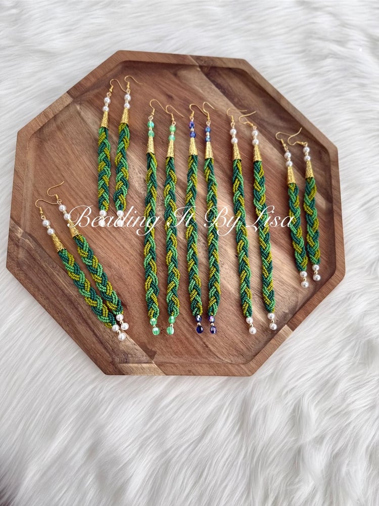 Image of Beaded Sweetgrass Earrings with Pearls - White, Blue or Green