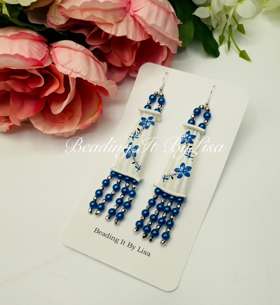 Image of Dentalium Earrings with Blue Floral Accents-67b85281