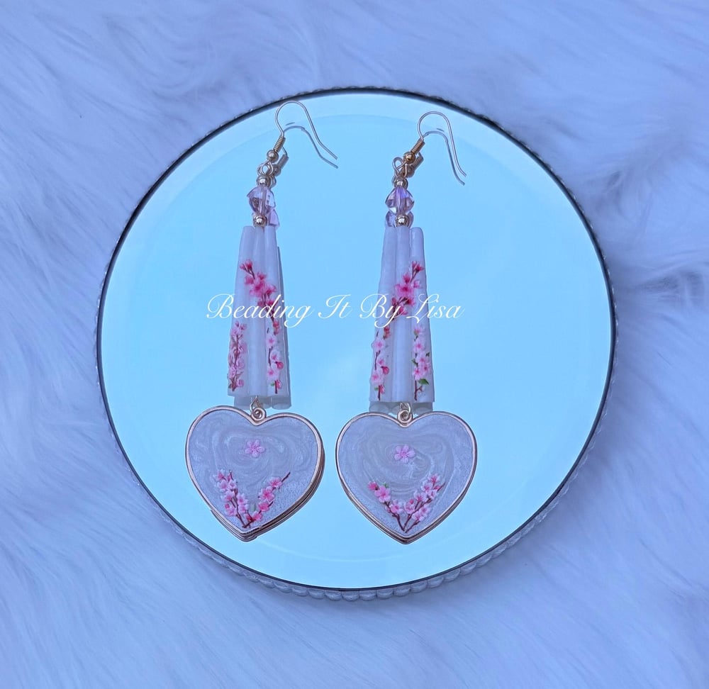 Image of Dentalium Designer Earrings with Heart | Peach Blossoms-b37b3200