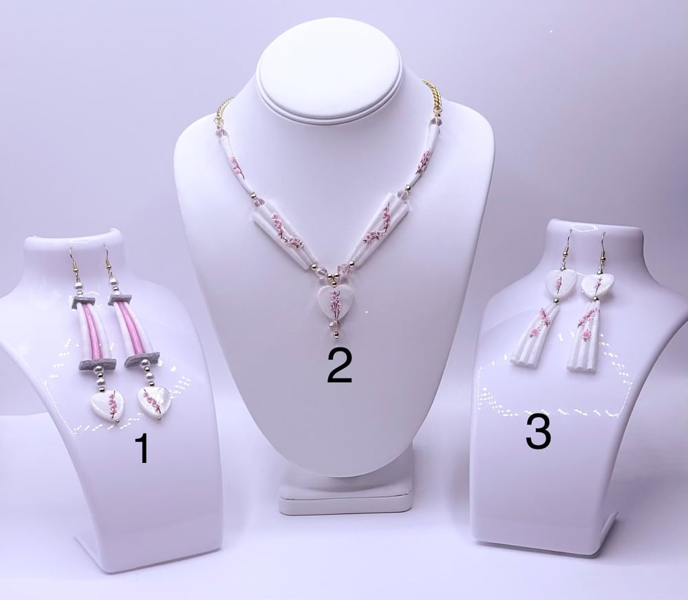 Image of Dentalium Pink and White 5 Piece Jewelry Set, Indigenous Choker Dangle Earrings, Traditional Boho...