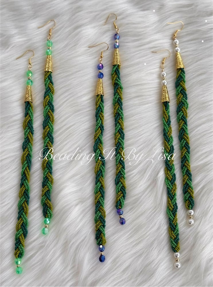 Image of Beaded Sweetgrass Earrings with Pearls - White, Blue or Green