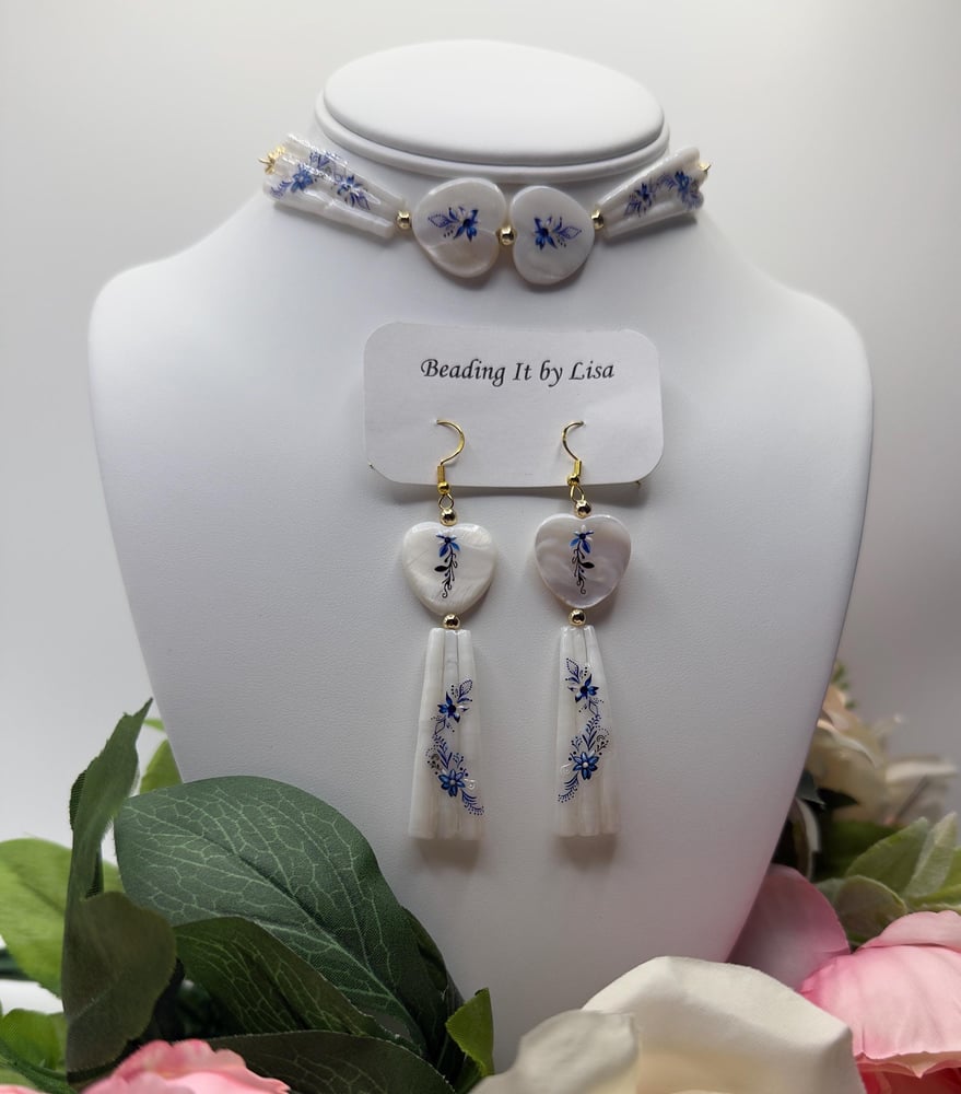 Image of Dentalium Choker and Earring Set - Blue with Floral Design-e9260584