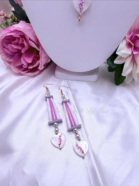 Image of Dentalium Pink and White 5 Piece Jewelry Set, Indigenous Choker Dangle Earrings, Traditional Boho...