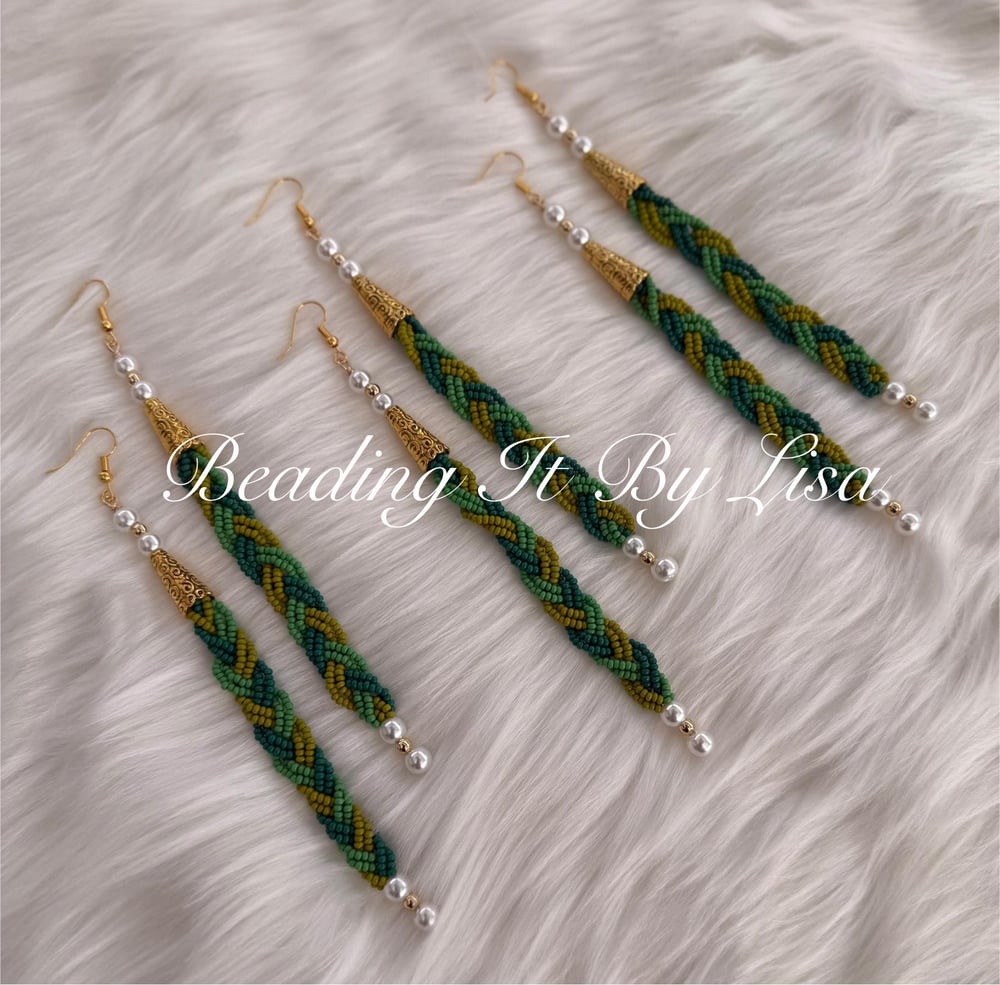 Image of Beaded Sweetgrass Earrings with Pearls - White, Blue or Green