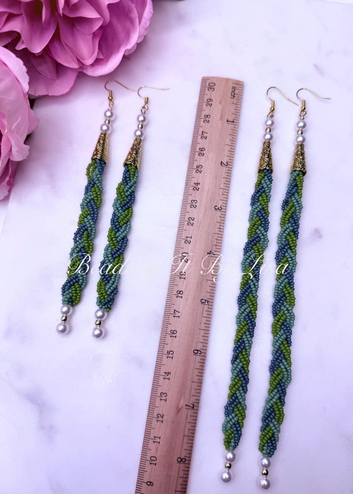 Image of Beaded Sweetgrass Earrings with Pearls - White, Blue or Green