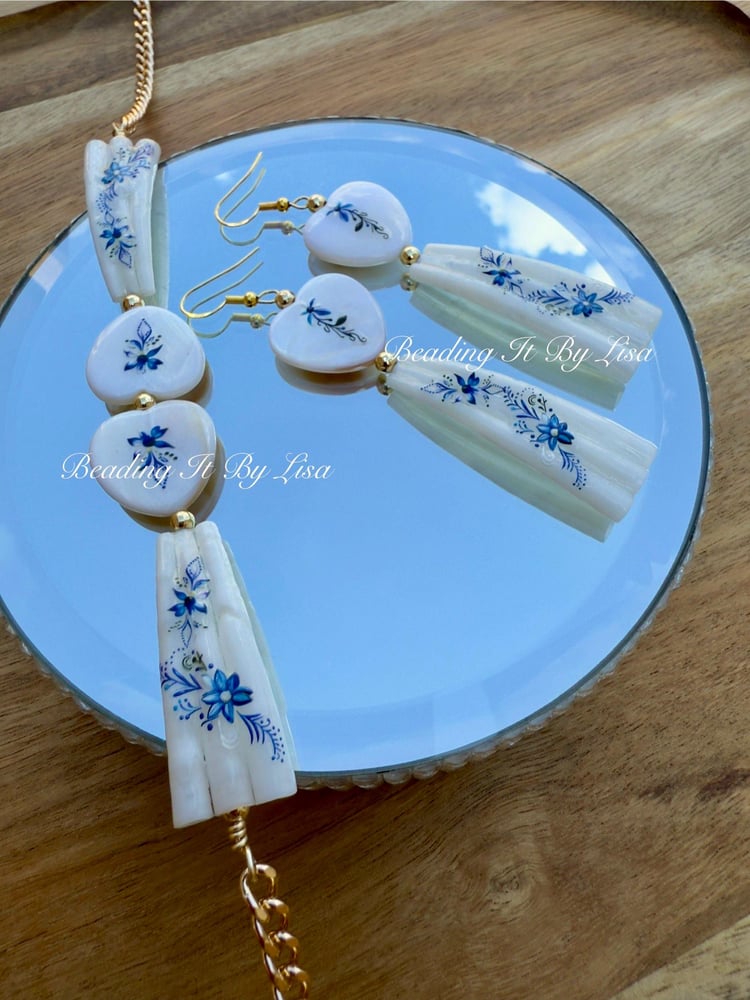 Image of Dentalium Choker and Earring Set - Blue with Floral Design-e9260584