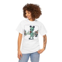 Image 1 of Alien Tourist T‑Shirt — Cute Green Alien with Mouse Ears in Theme Park