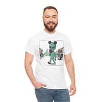 Image 2 of Alien Tourist T‑Shirt — Cute Green Alien with Mouse Ears in Theme Park