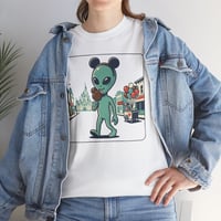 Image 3 of Alien Tourist T‑Shirt — Cute Green Alien with Mouse Ears in Theme Park