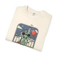 Image 2 of Alien at the Castle T-Shirt — Cute UFO Space Graphic Tee for Fans & Theme Park Lovers