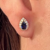 Image 1 of The Camille - Genuine Pear Sapphire & White Sapphire Halo Stud Earrings - 10k Yellow Gold