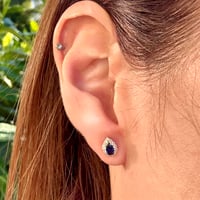 Image 2 of The Camille - Genuine Pear Sapphire & White Sapphire Halo Stud Earrings - 10k Yellow Gold