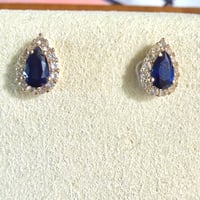 Image 3 of The Camille - Genuine Pear Sapphire & White Sapphire Halo Stud Earrings - 10k Yellow Gold