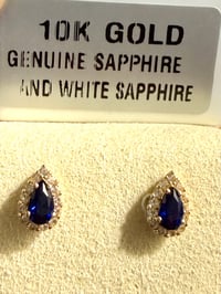 Image 4 of The Camille - Genuine Pear Sapphire & White Sapphire Halo Stud Earrings - 10k Yellow Gold