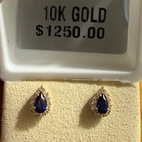 Image 5 of The Camille - Genuine Pear Sapphire & White Sapphire Halo Stud Earrings - 10k Yellow Gold