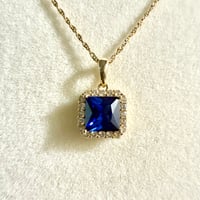 Image 2 of The Margaux - Princess Cut Sapphire Halo Pendant Necklace - 10k Yellow Gold