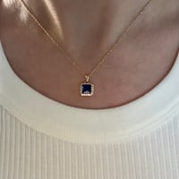 Image 1 of The Margaux - Princess Cut Sapphire Halo Pendant Necklace - 10k Yellow Gold