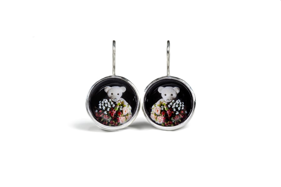 Image of "Be happy" teddy-bears silver earrings with photos, rock crystal  · SIS FELIX ·
