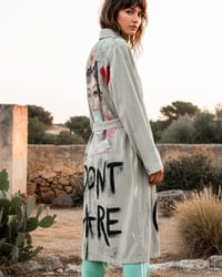 Image 1 of I DON’T CARE ¥ UPCYCLED  ¥ UNISEX ¥ VINTAGE TRENCHCOAT ¥ IBIZA¥ HANDPAINTED