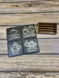 Image 1 of Laser Engraved Slate Coaster Set with Wood Holder – Funny Coffee Coasters – Caffeine Lover Gift 