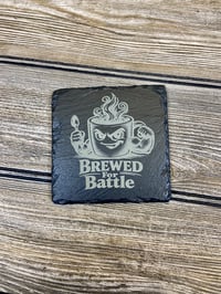 Image 2 of Laser Engraved Slate Coaster Set with Wood Holder – Funny Coffee Coasters – Caffeine Lover Gift 