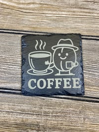Image 4 of Laser Engraved Slate Coaster Set with Wood Holder – Funny Coffee Coasters – Caffeine Lover Gift 