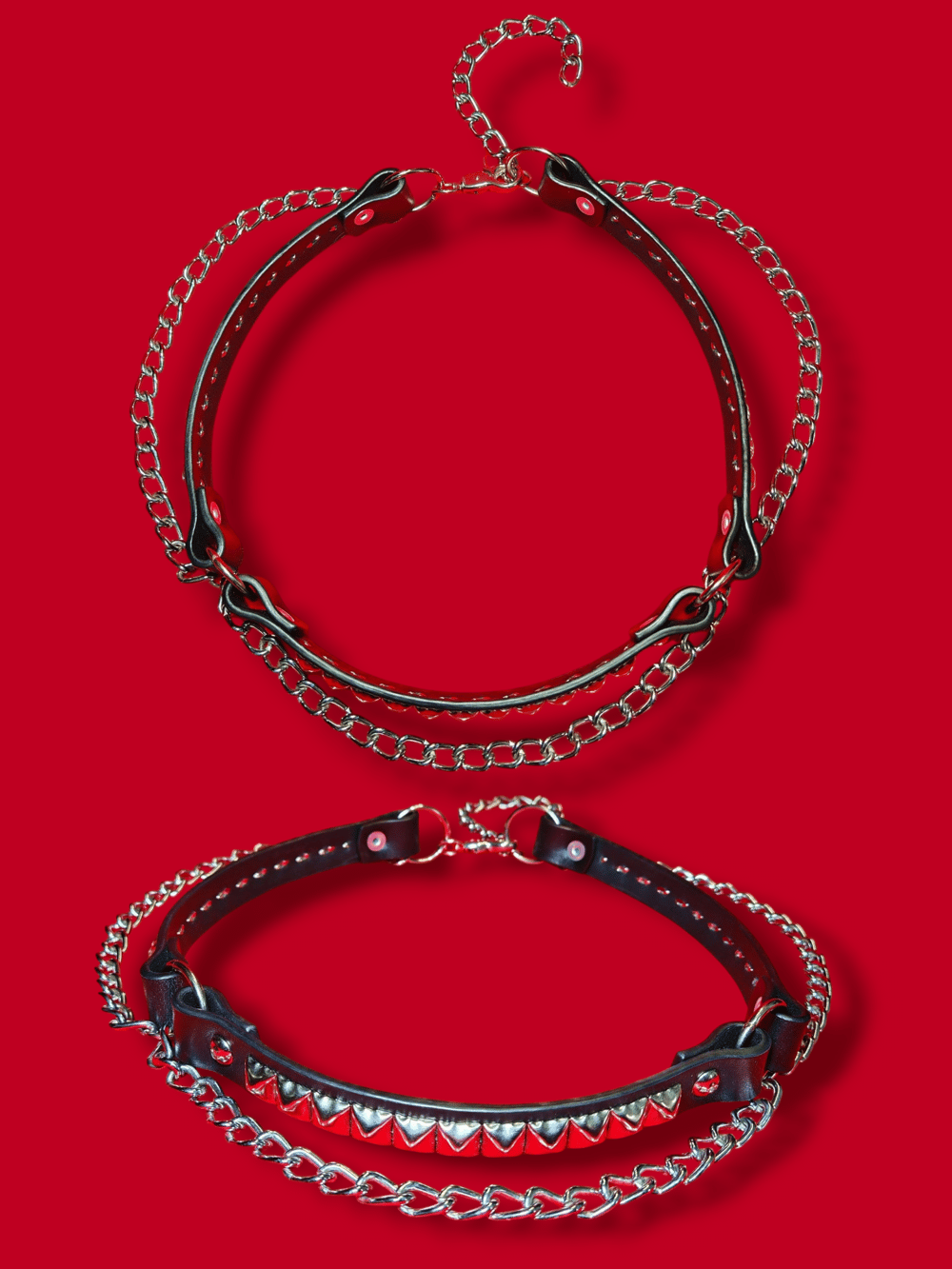 Leather Belt with Chains and Silver Pyramid Studs 