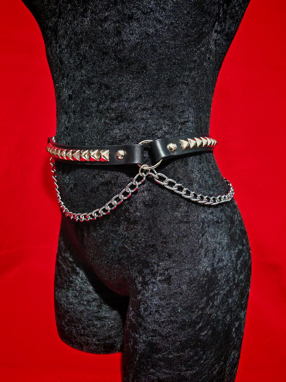 Leather Belt with Chains and Silver Pyramid Studs 