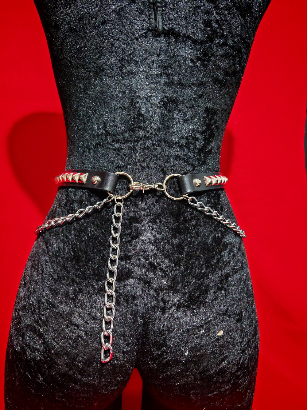 Leather Belt with Chains and Silver Pyramid Studs 