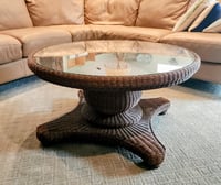 Image 1 of Outdoor Wicker Pedestal Glass Top Coffee Table
