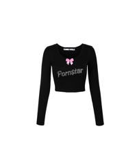 QUEEN OF THE DAMN RHINESTONE SCOOP NECK CROPPED LONG-SLEEVE