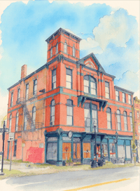 Original Hoffner Lodge in watercolors and colored pencils