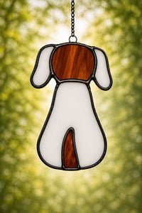 Image 1 of White & Brown Stained Glass Dog Suncatcher