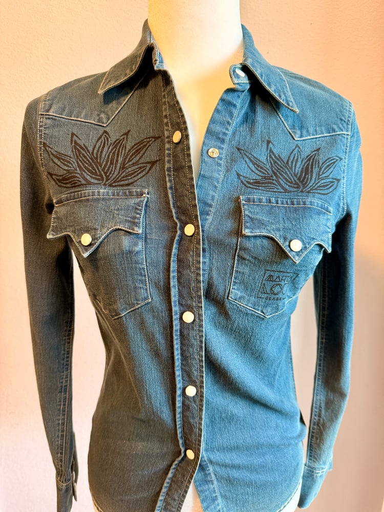Image of Hand Stamped Denim Pearl Snap Western Shirt — Agave