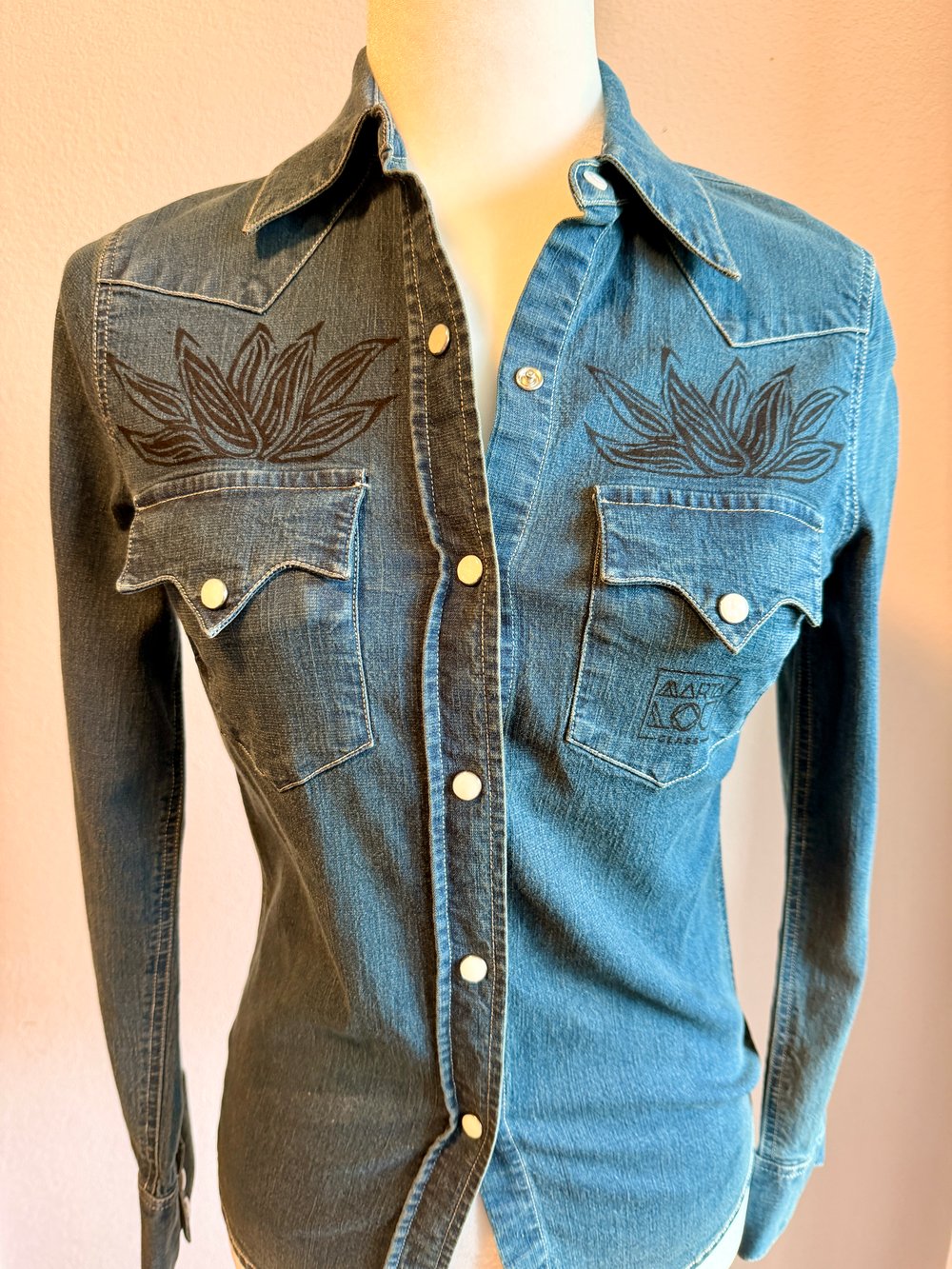 Image of Hand Stamped Denim Pearl Snap Western Shirt — Agave