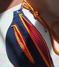 Image 2 of Handmade XL denim bum bag – double orange zip, red gingham lining