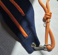 Image 3 of Handmade XL denim bum bag – double orange zip, red gingham lining