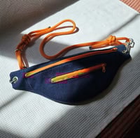 Image 1 of Handmade XL denim bum bag – double orange zip, red gingham lining