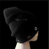 Image 2 of Black Grommet Safety Pin Beanie