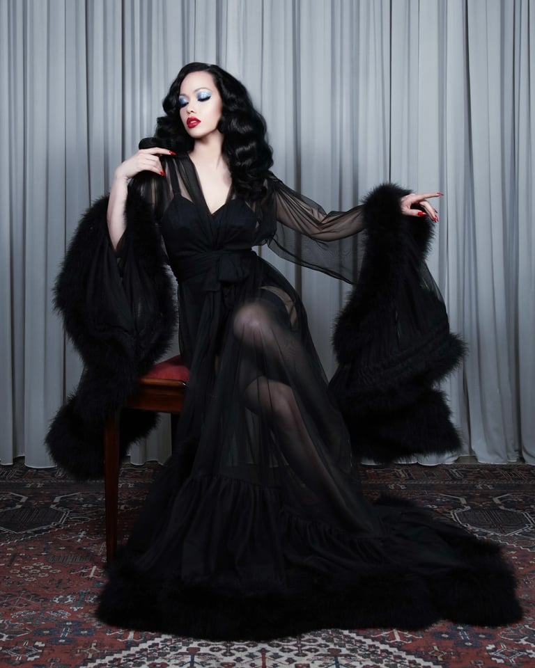 "Cassandra"  Black Marabou Dressing Gown 