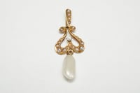 Image 1 of Art Nouveau 14k Yellow Gold, Pearl, and Diamond Lavalier Pendant