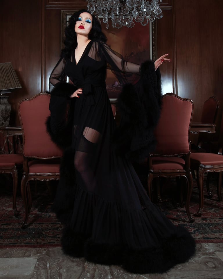 "Cassandra"  Black Marabou Dressing Gown  Image 2