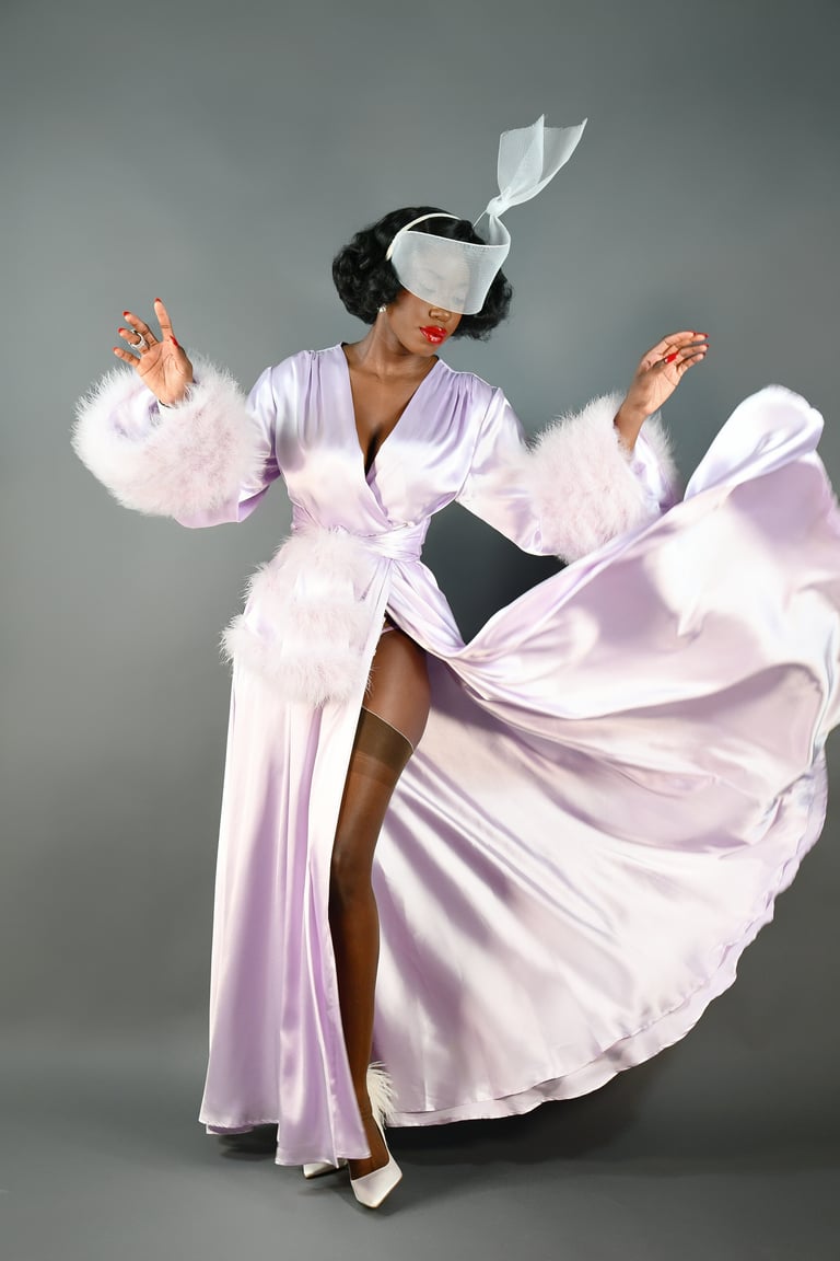 Pale Lilac Marabou-cuffed "Beverly" Dressing Gown Image 2