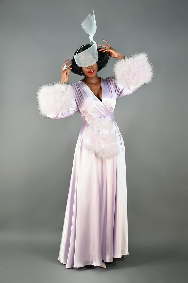 Pale Lilac Marabou-cuffed "Beverly" Dressing Gown