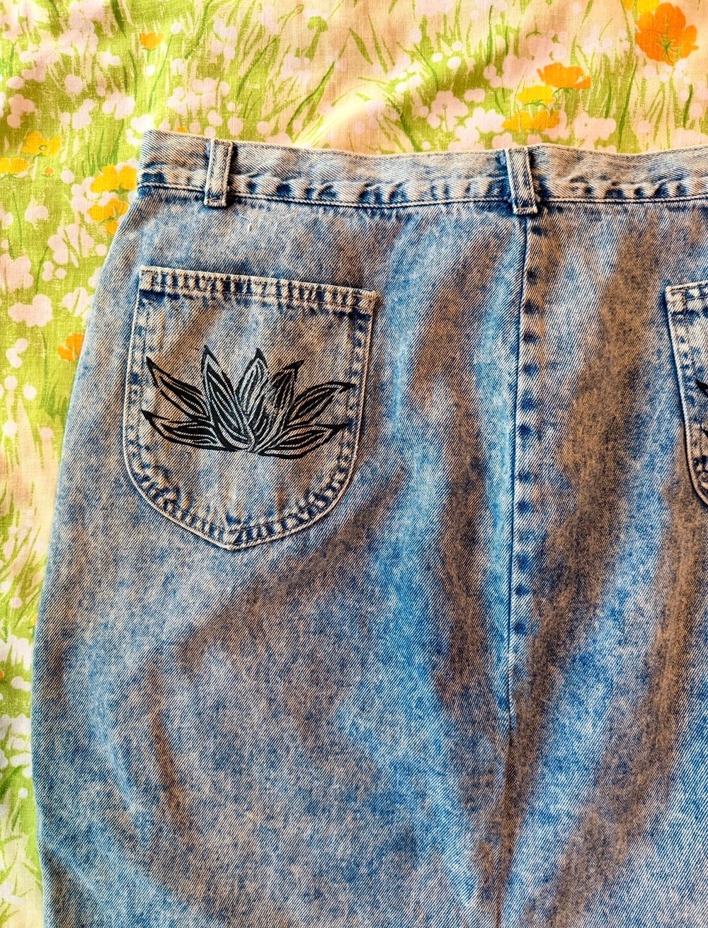 Image of Hand Stamped Vintage Acid Wash Denim Skirt