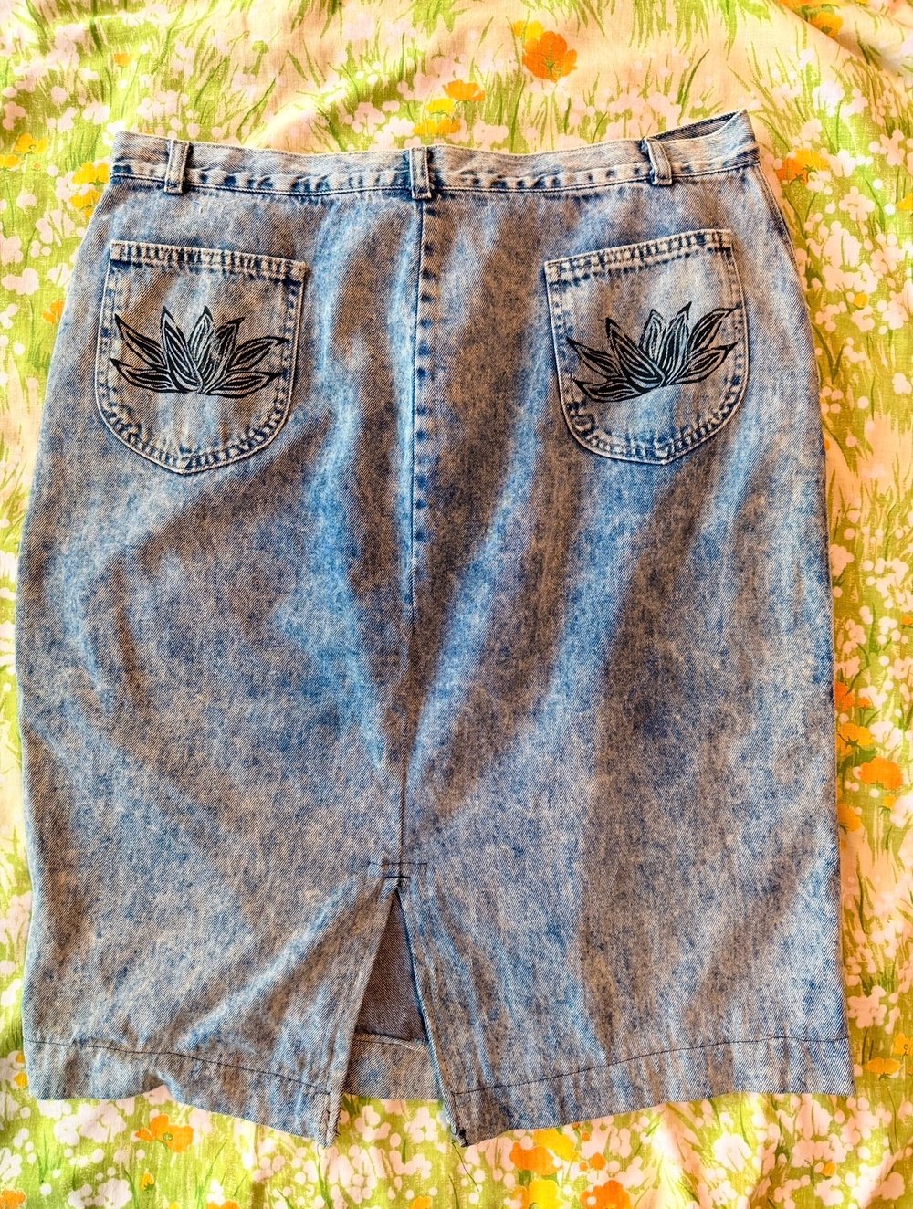 Image of Hand Stamped Vintage Acid Wash Denim Skirt