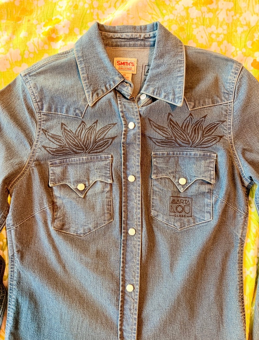 Image of Hand Stamped Denim Pearl Snap Western Shirt — Agave