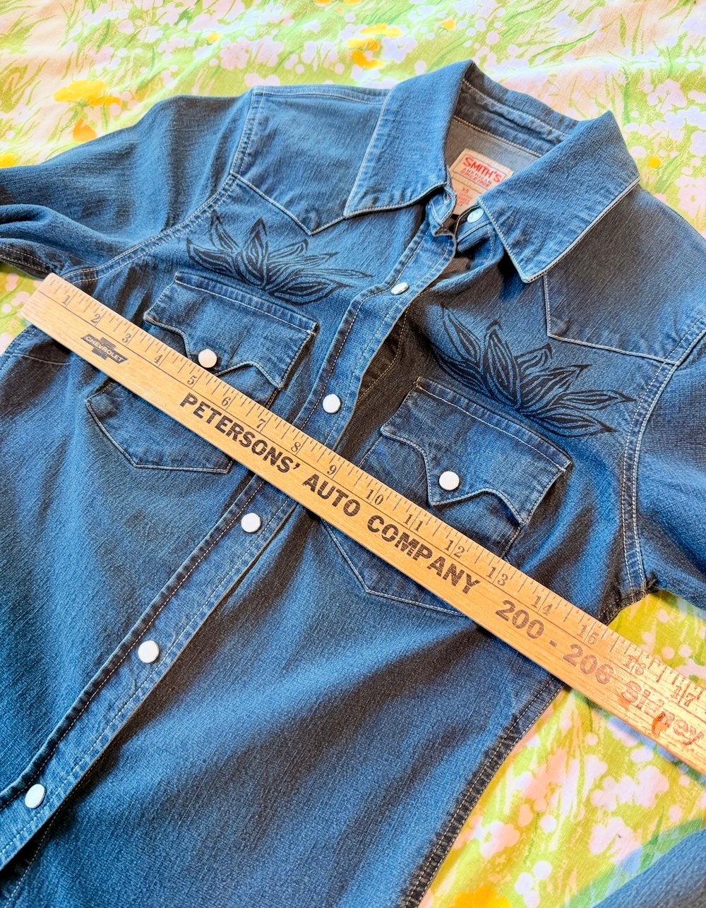 Image of Hand Stamped Denim Pearl Snap Western Shirt — Agave